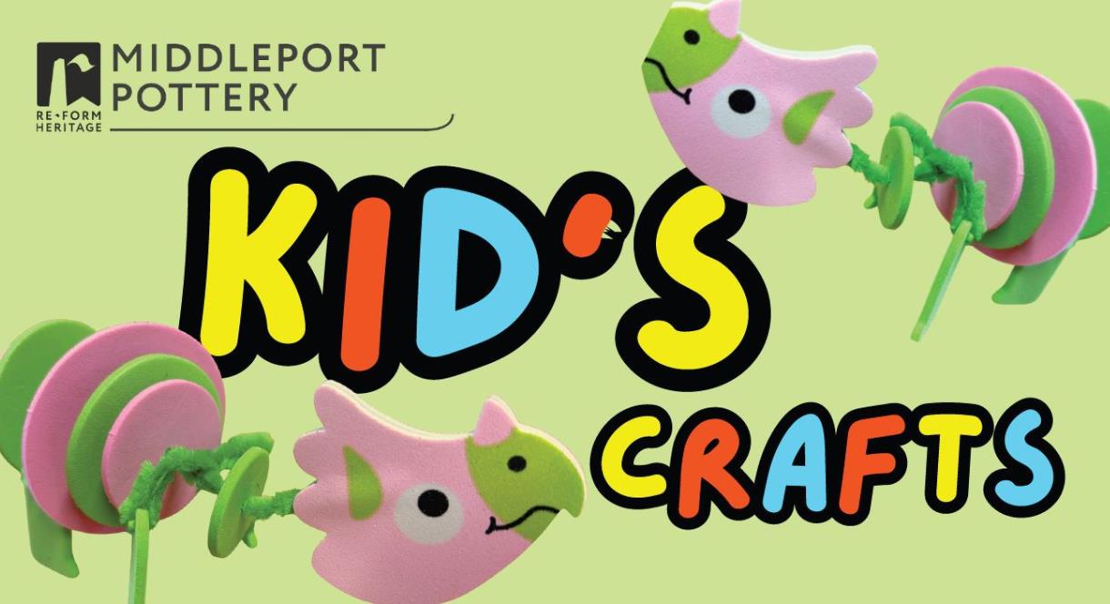 Promotional graphic for Middleport Pottery Kid’s Crafts workshops, featuring colourful playful lettering and cartoon bird craft designs.