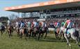The action passes in front of a packed main stand at Uttoxeter Racecourse
