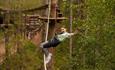 An adventurous female visitor balances on a rope at a high ropes course in a forest